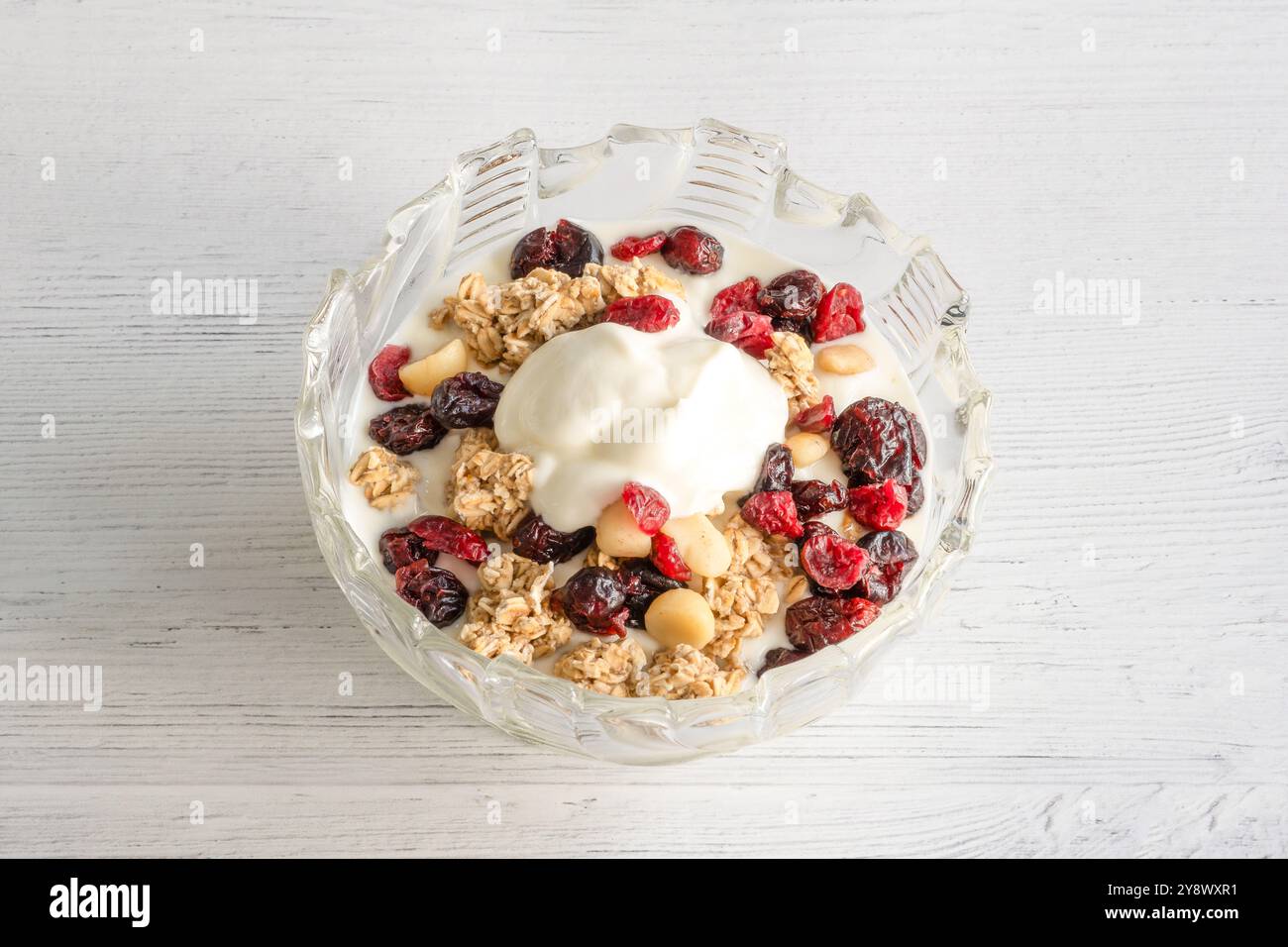 Schüssel griechischer Joghurt mit Pinienkernen Granola getrocknete Preiselbeeren und Rosinen das ideale gesunde moderne Frühstück. Stockfoto
