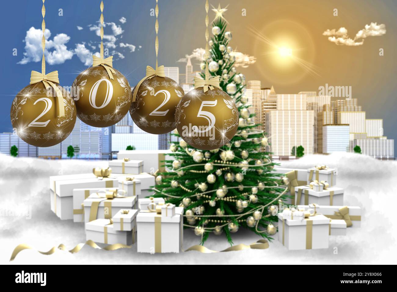 3D-Abbildung. Neujahr 2025. Neujahr 2025 in Zahlen und mit Weihnachtsdekoration. Weihnachtsbaumkugeln Stockfoto