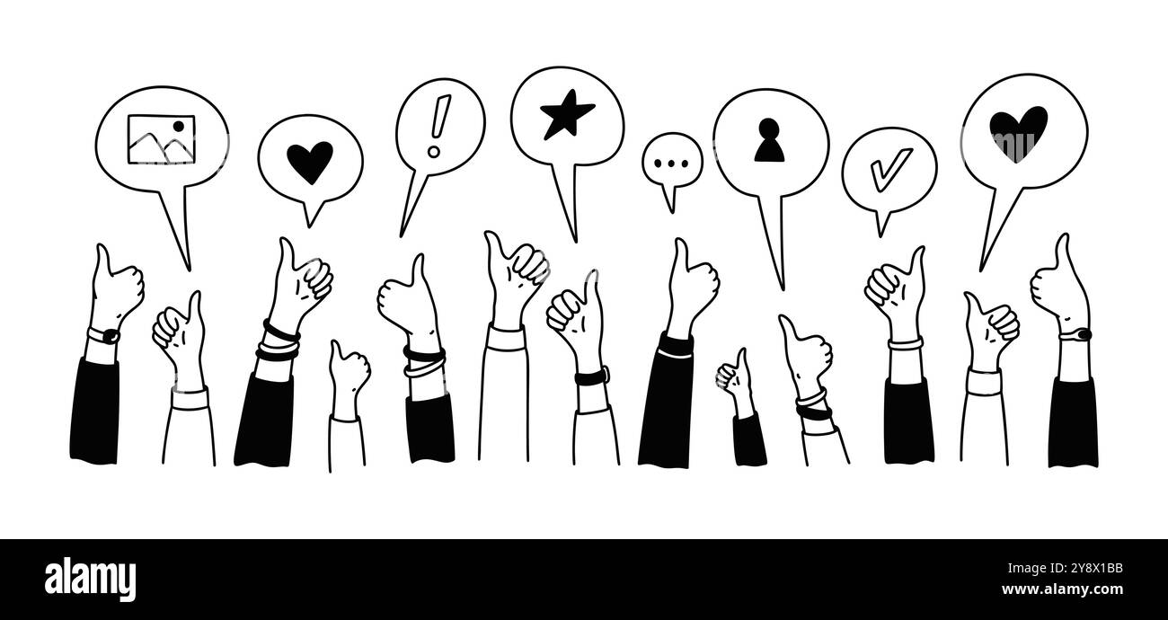 Hände hoch Doodle Hintergrund. Social-Media-Post gefällt mir. Online-Messaging, abonnieren, Bloggen, Follower-Reaktion, Feedback. Eine Menge glücklicher Menschen, zufrieden Stock Vektor