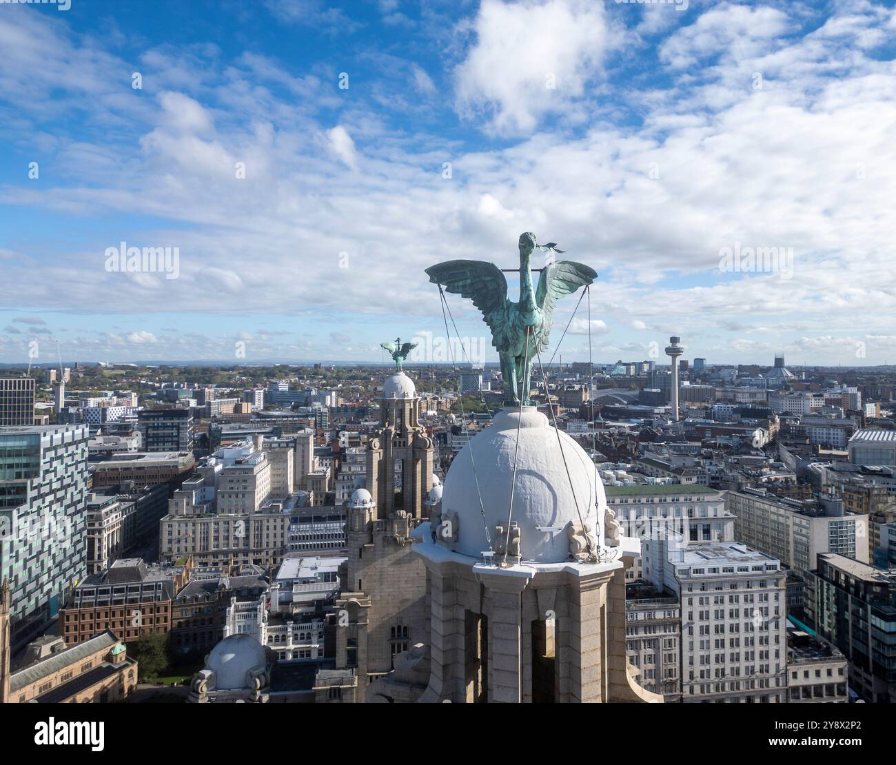 Lebergebäude mit Skyline der Stadt, Liverpool, England Stockfoto