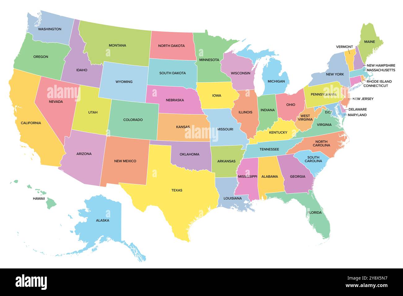 Die Vereinigten Staaten von Amerika, mehrfarbige politische Karte mit den Silhouetten von 50 staaten und ihren Namen und mit dem Bundesdistrikt von Columbia. Stockfoto