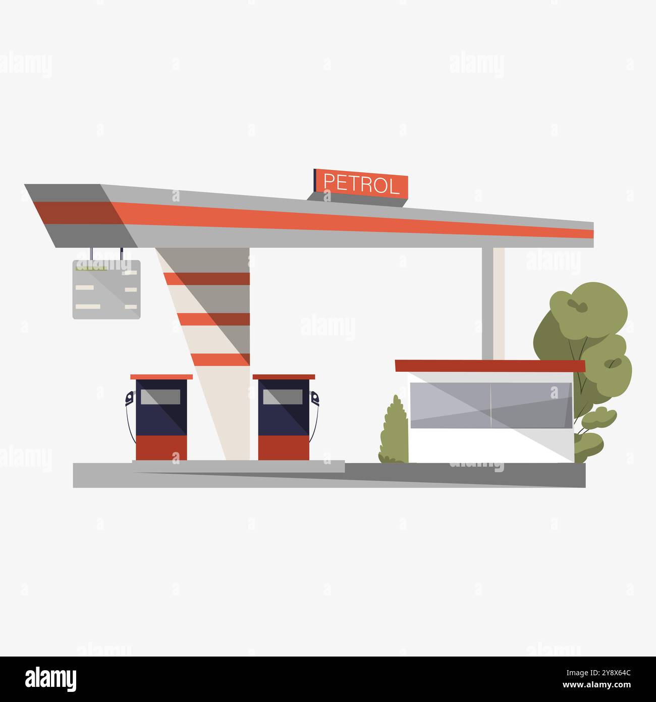 Tankstelle mit Pumpen und Schutzdach in flacher Vektorillustration, die Betankung, Verkehrsinfrastruktur und Straßendienste symbolisiert, isoliert Stock Vektor