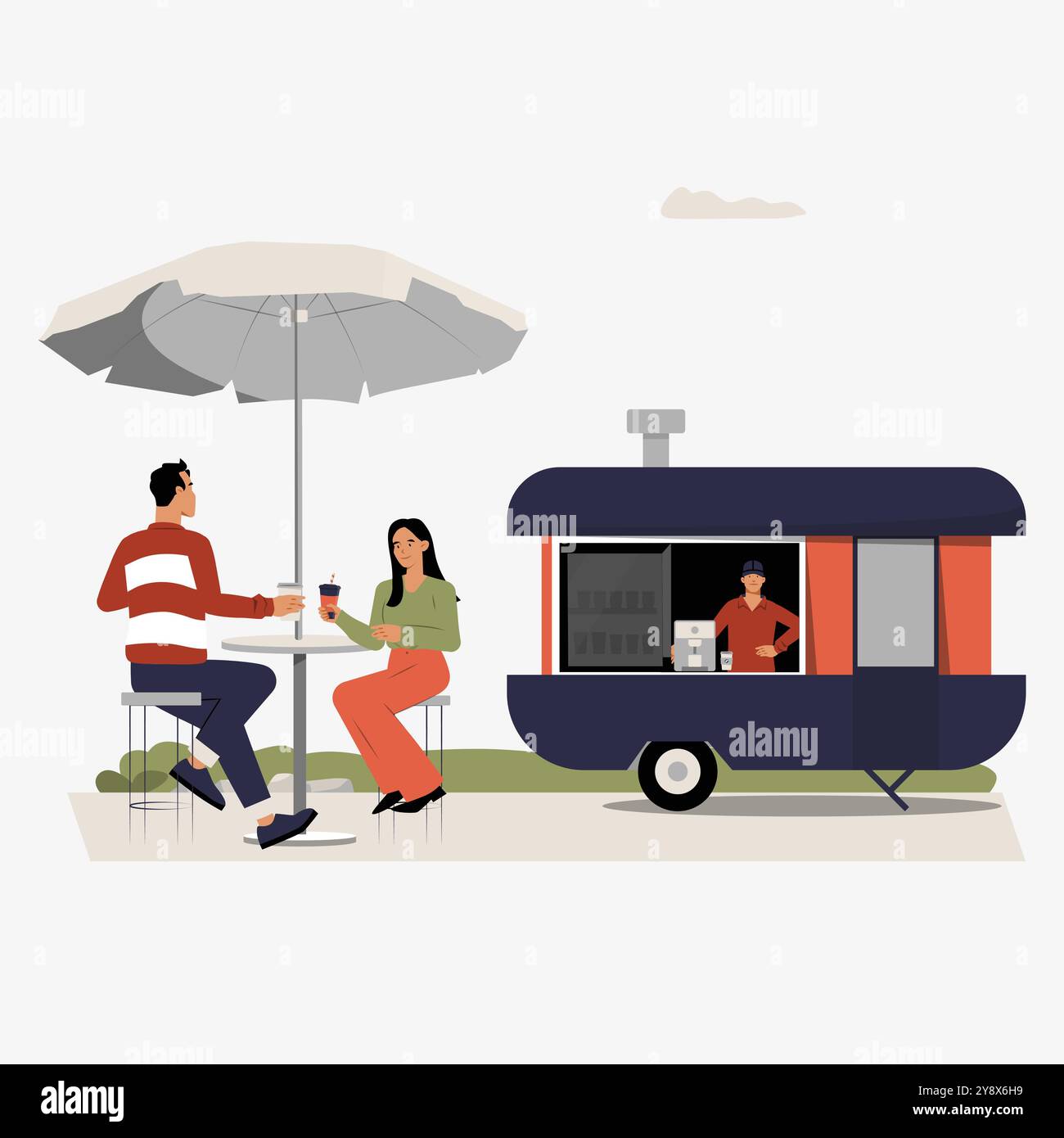 Food Truck mit männlichen und weiblichen Speisen im Sitzbereich im Freien in flacher Vektor-Illustration, die Street Food, zwangloses Essen und im Freien symbolisiert Stock Vektor