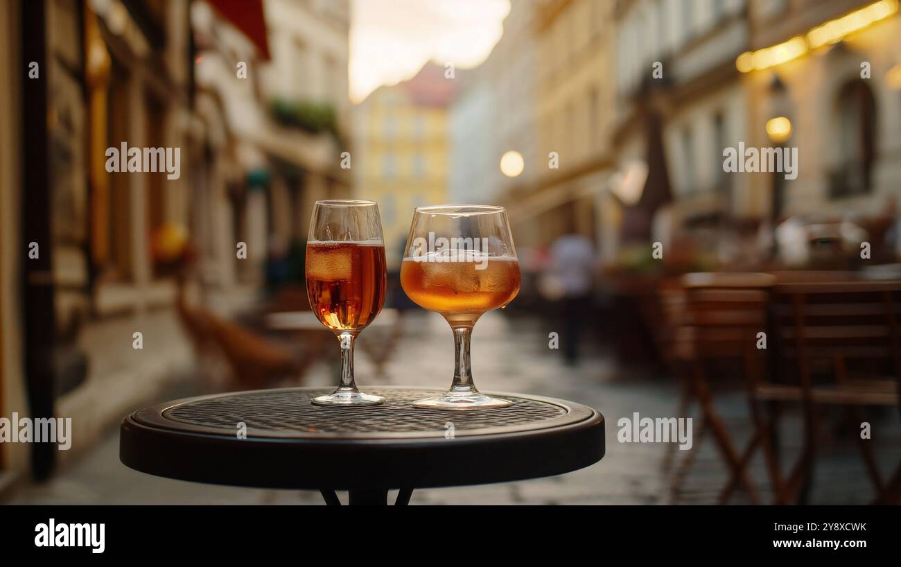 Eine Nahaufnahme von zwei Gläsern Cocktails auf einem kleinen Tisch in einem Straßencafé. Eine bezaubernde europäische Stadt mit malerischen Straßen und klassischen Archi Stockfoto