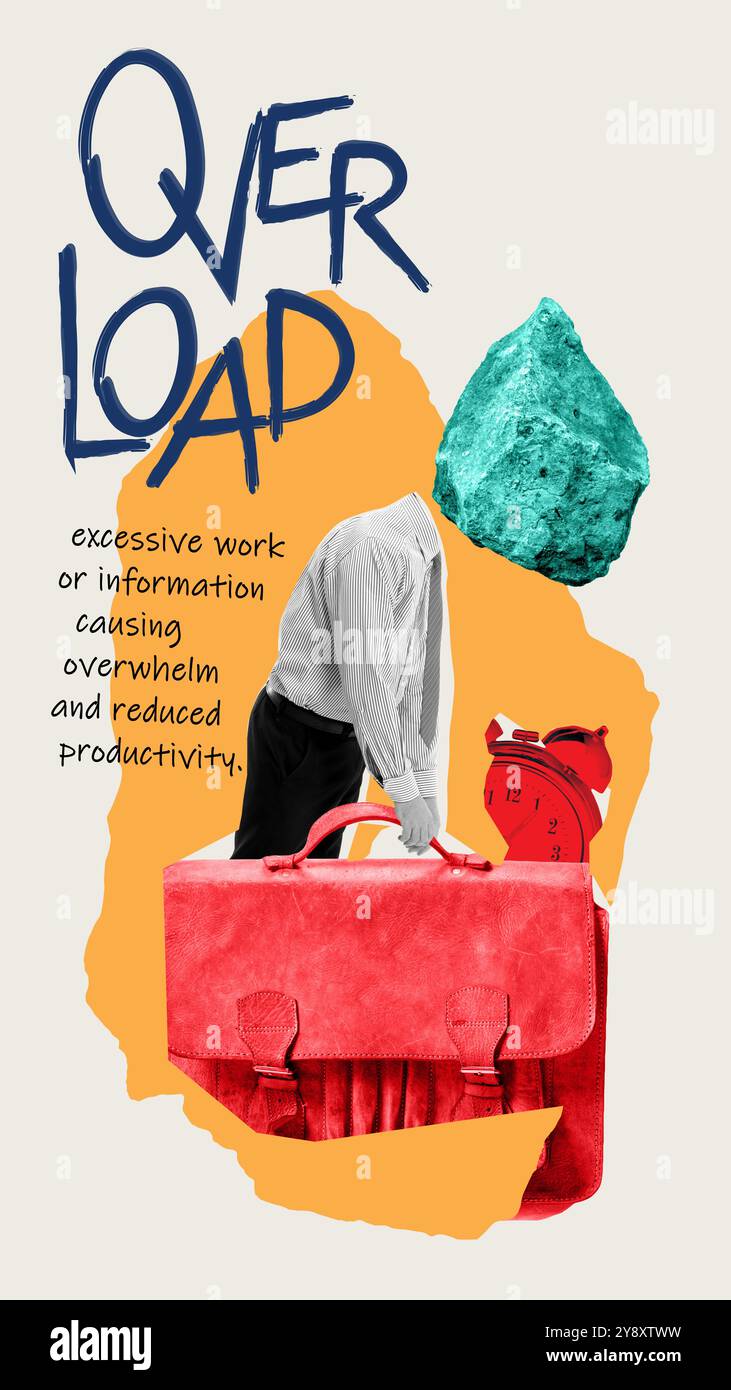 Zeitgenössische Kunstcollage. Person mit übergroßer Aktentasche und großem Felsen anstelle des Kopfes. Symbolisieren, von Arbeit oder Informationen überwältigt zu werden. Stockfoto