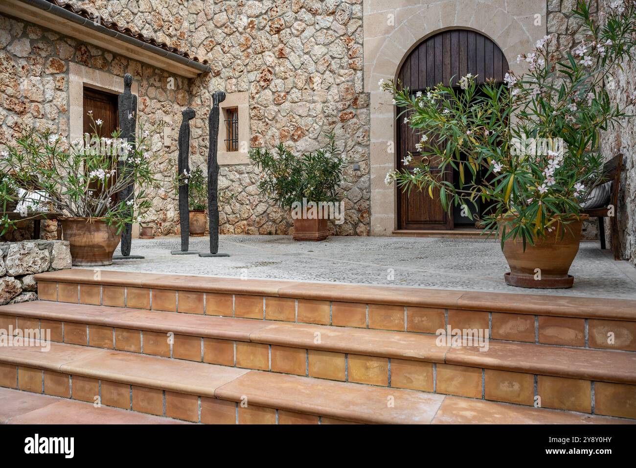 Topfpflanzen auf der Terrasse am Eingang zur spanischen Villa auf Mallorca. Stockfoto