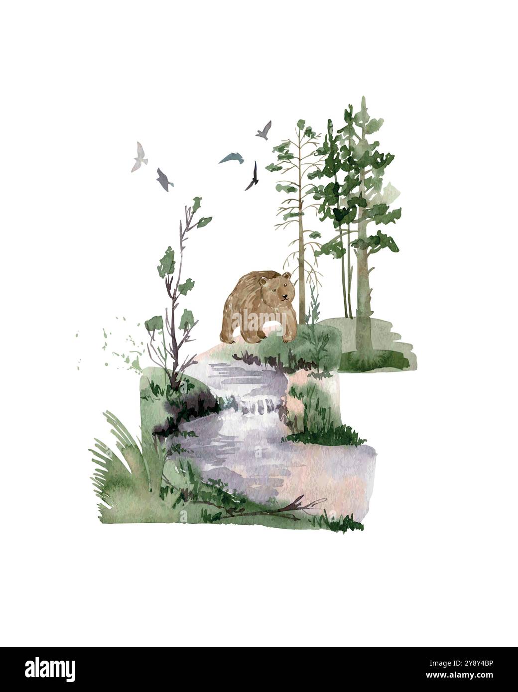 Aquarellwald mit Bär. Vektorzusammensetzung von Wäldern. Stock Vektor