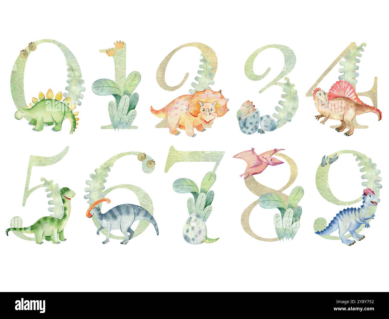 Vektor-Aquarell-Dinosaurier-Nummern für Einladungskarte, Kinderzimmer-Poster und andere. Stock Vektor