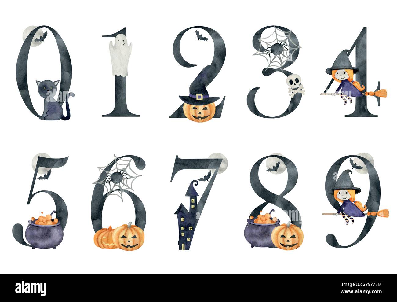 Vektor Aquarell halloween Zahlen für Einladungen, Grußkarte, Geburtstag, Logo, Poster, usw. Stock Vektor