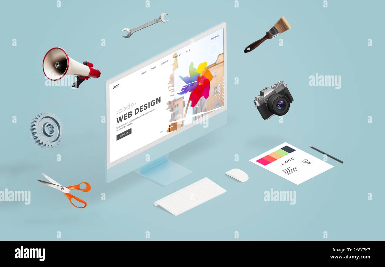 Isometrisches Display umgeben von kreativen Werkzeugen wie Schere, Megaphon, Schraubendreher, Pinsel, Kamera, und Zahnräder, die ein konzeptionelles Webdesign präsentieren Stockfoto