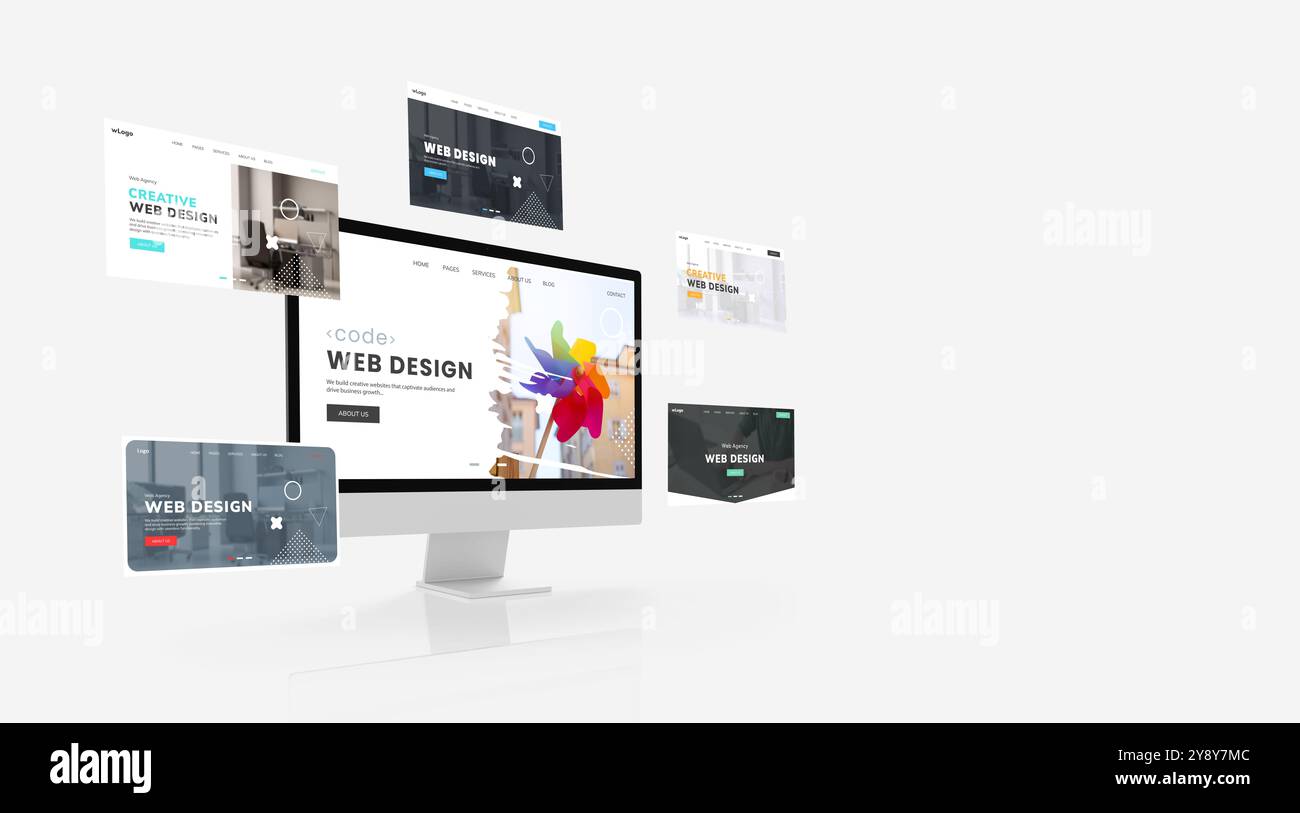 Das Display zeigt Beispielseiten für Webdesign-Studios, die umkreist werden und die kreativen Konzepte des Studios zeigen. Enthält leere Leerzeichen neben Werbeanzeigen Stockfoto