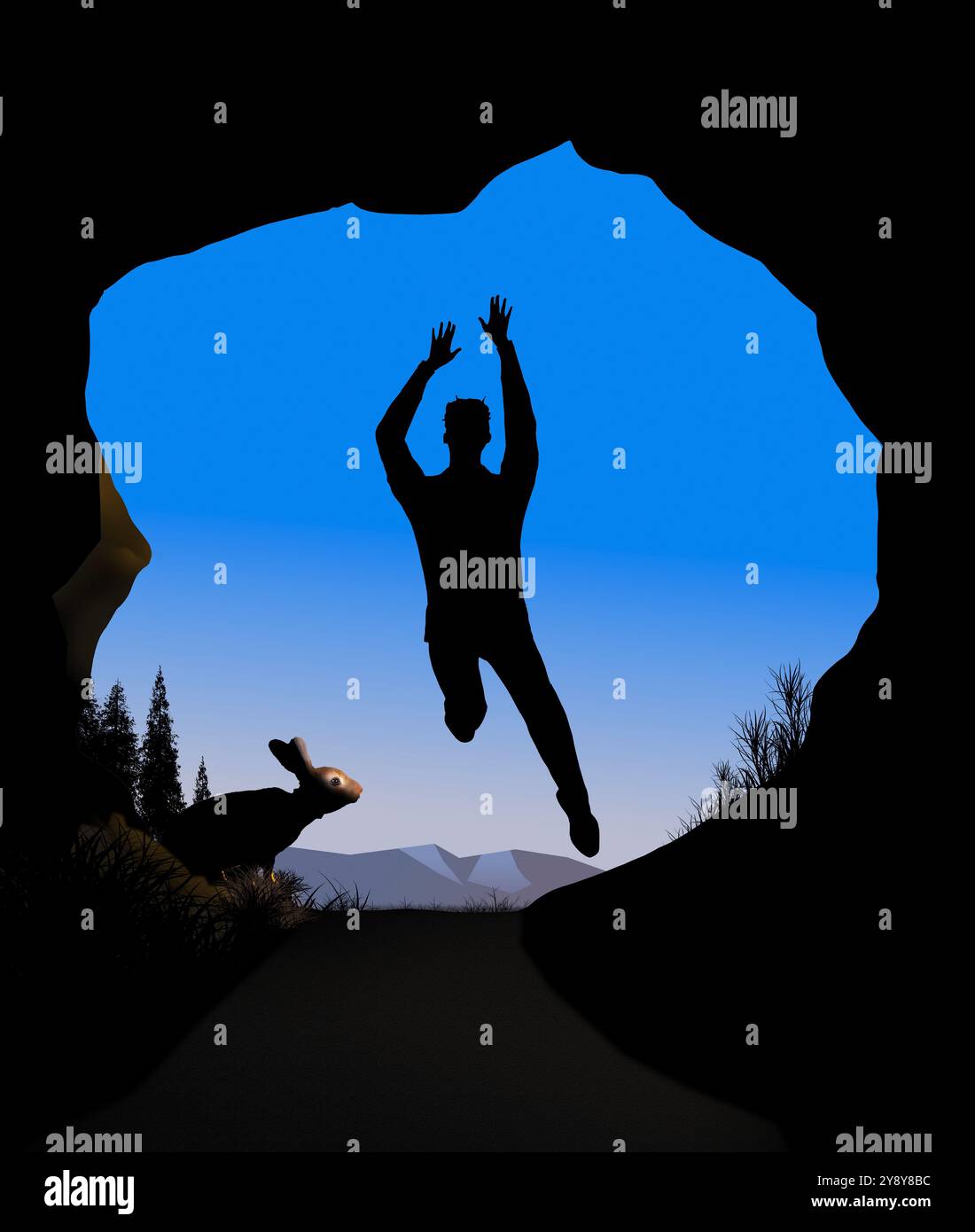 Ein Mann scheint in ein großes Loch oder eine Höhle in den Bergen zu springen, während ein Kaninchen in dieser 3D-Illustration über einen Glaubenssprung zusieht. Diese c Stockfoto
