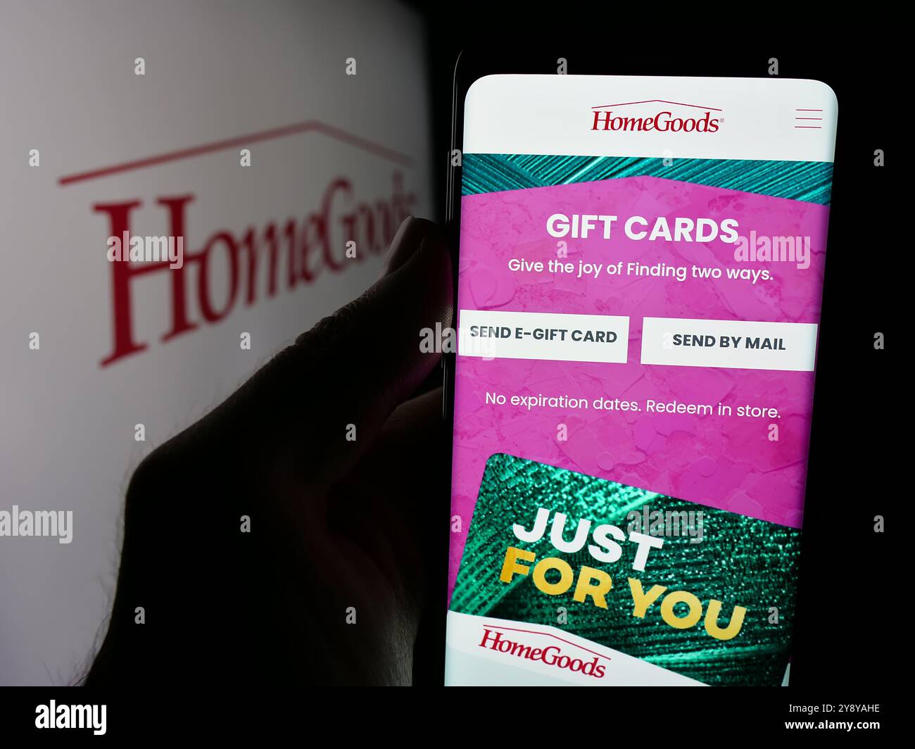 Person, die ein Handy hält, mit der Webseite des US-amerikanischen Einrichtungsunternehmens HomeGoods auf dem Bildschirm vor dem Logo. Konzentrieren Sie sich auf die Mitte des Telefondisplays. Stockfoto