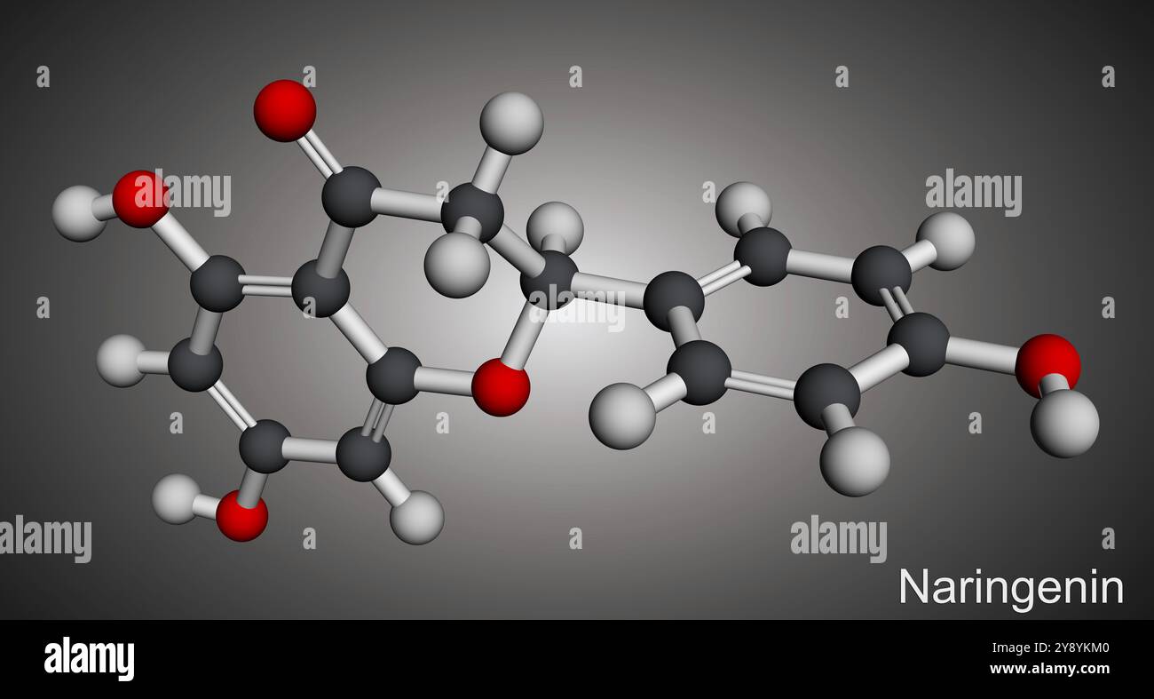 Naringenin-Molekül. Ein Flavonoid in Zitrusfrüchten mit antioxidativen und entzündungshemmenden Eigenschaften. Molekulares Modell. 3D-Rendering. Abbildung Stockfoto