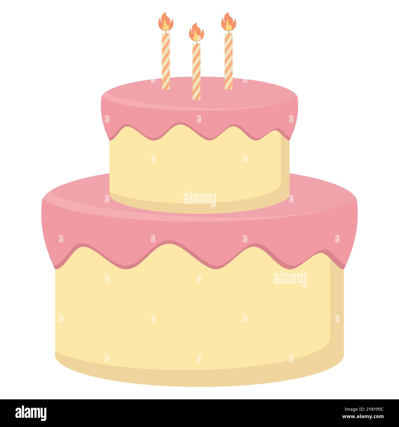 Ein entzückender zweistöckiger Geburtstagskuchen mit rosa Zuckerguss und Kerzen, perfekt für Feiern. Stock Vektor