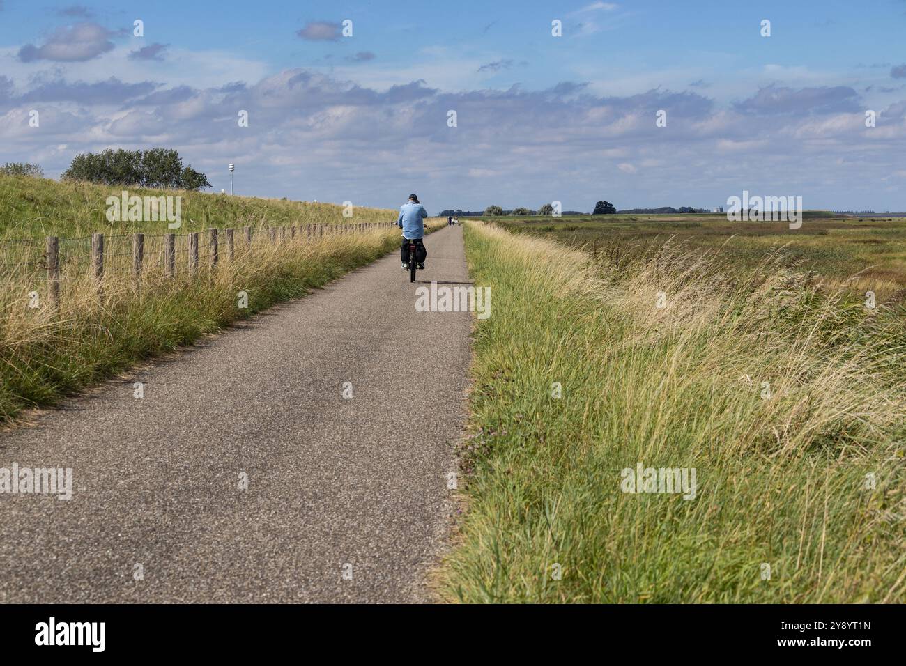 Der Radweg entlang des Seedeichs entlang der westlichen Scheldmündung bei Paal in Zeeuws Vlaanderen in den Niederlanden. Sonniger Tag mit blauem SK Stockfoto