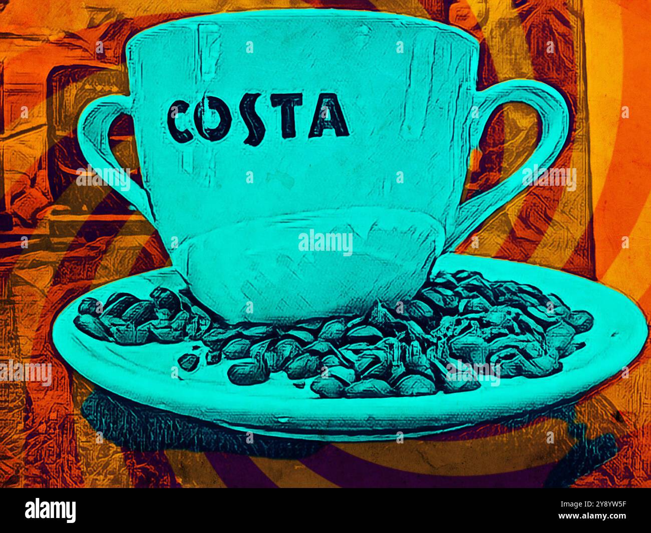 Ein stilisiertes Bild einer Tasse Costa-Kaffee auf einer Untertasse mit Kaffeebohnen. Stockfoto