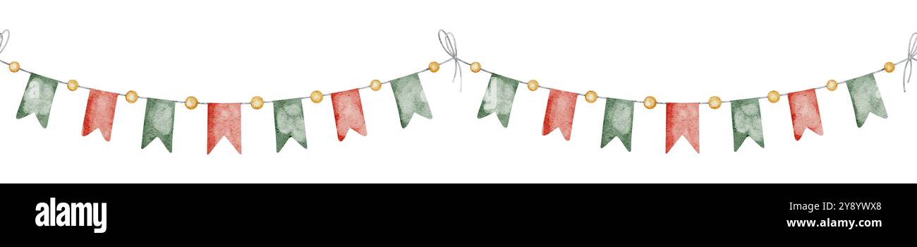 Nahtlose Garland-Grenze mit roten und grünen Fahnen. Aquarellillustration des Rahmens mit Weihnachtswimpel für Banner oder Grußkarten. Zeichnen von Schnur für Neujahrseinladungen oder Partydesign. Stockfoto