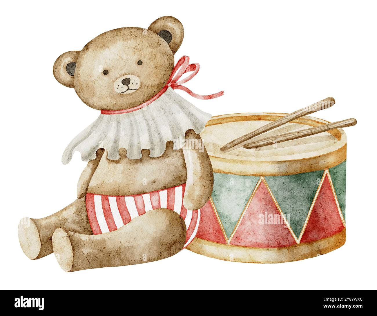Teddybär und Vintage-Trommelaquarell-Illustration. Zeichnung von Retro-Babyspielzeug für kindliche Grußkarten oder Kindereinladungen. Musikinstrument und Plüschfiguren, Wandbilder oder Poster. Stockfoto