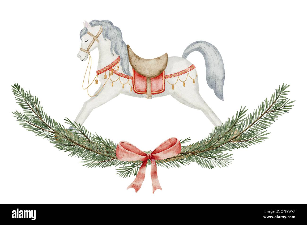 Schaukelpferd mit Zweigen des Weihnachtsbaums Aquarellillustration. Zeichnung von Vintage-Babyspielzeug und Tanne immergrüne Pflanzen auf isoliertem Hintergrund für Neujahrsgrußkarten oder Weihnachtseinladungen. Stockfoto