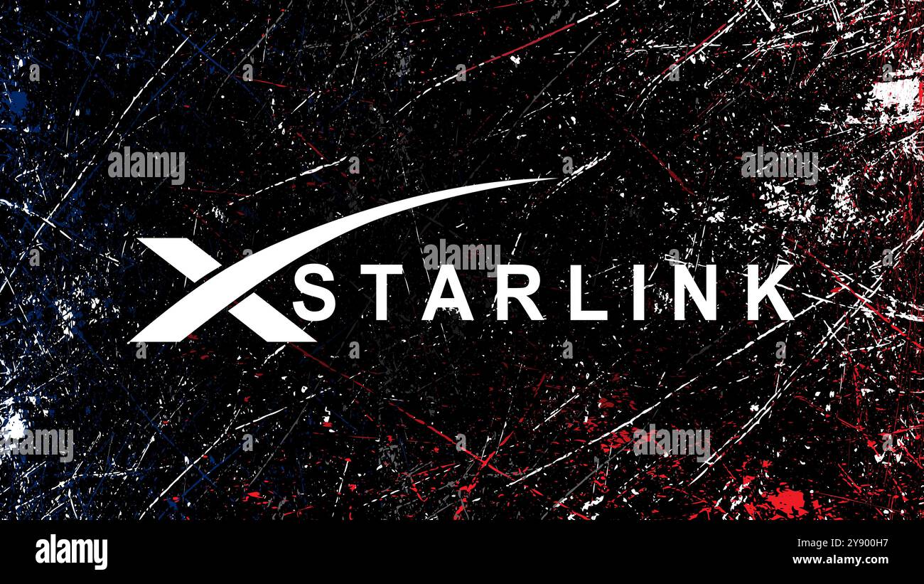 Logo-Satelliteninternetfirma Starlink SpaceX auf schwarzem Hintergrund mit Grunge-Farbe Stockfoto