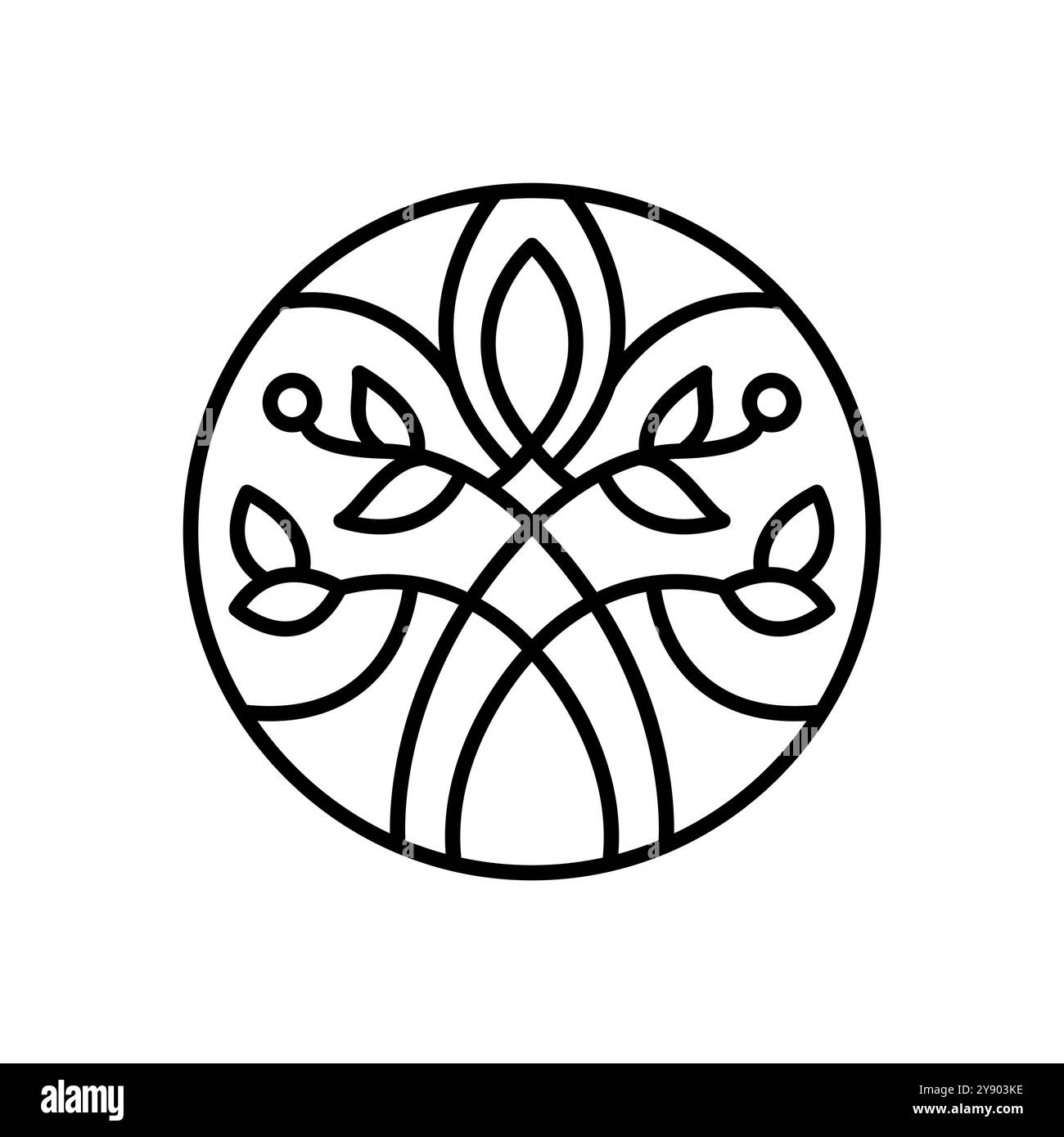 Logooptik mit rundem Blumenmuster. Emblem-Pflanze im kreisförmigen linearen Stil. Abstrakte Vektor-Abzeichen für Design von Naturprodukten, Blumenladen, Kosmetik Stock Vektor