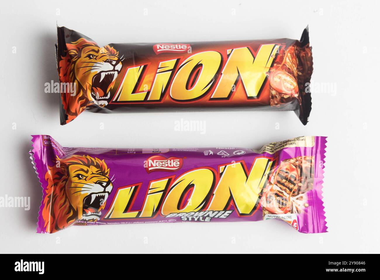 London, Großbritannien, 26. September 2024:- Ein Blick auf einen Lion und Lion Brownie Bars vor weißem Hintergrund Stockfoto