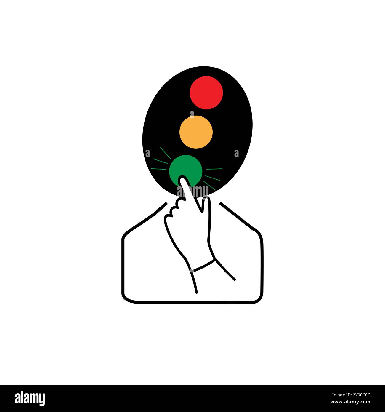 Kopf einer Person mit Ampelfarben und Zeigefinger, der das grüne Licht berührt Stock Vektor