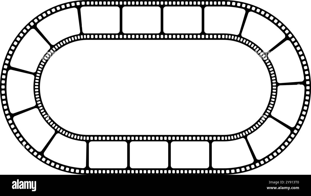 Ovaler Rahmen mit Filmstreifen als Rand. Film- oder Fotokameraband in elliptischer Form. Storyboard-Layout. Collage-Vorlage für Fotos. Vektorgrafik. Stock Vektor