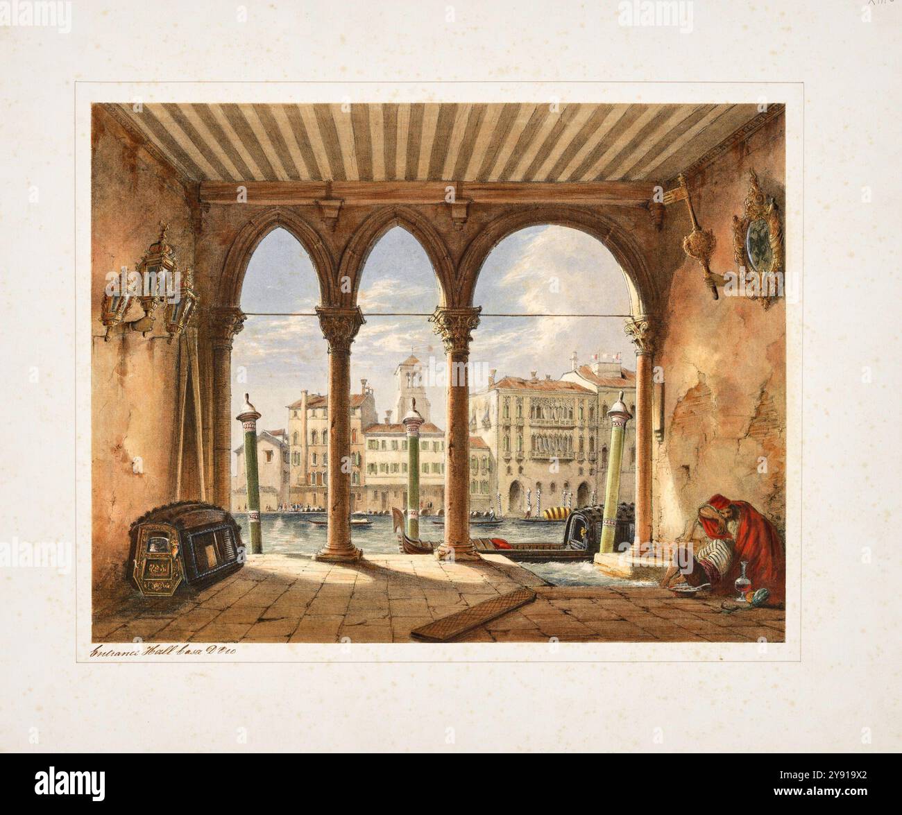 'Eingangshalle Casa d'Oro'. Vintage-Lithografie von Venedig, Italien. Zeichnung von Lake Price, 1843 Litho Joseph Nash. Blick auf den Canal Grande durch die Bögen in Casa d'Oro, alias Palazzo Santa Sofia Stockfoto