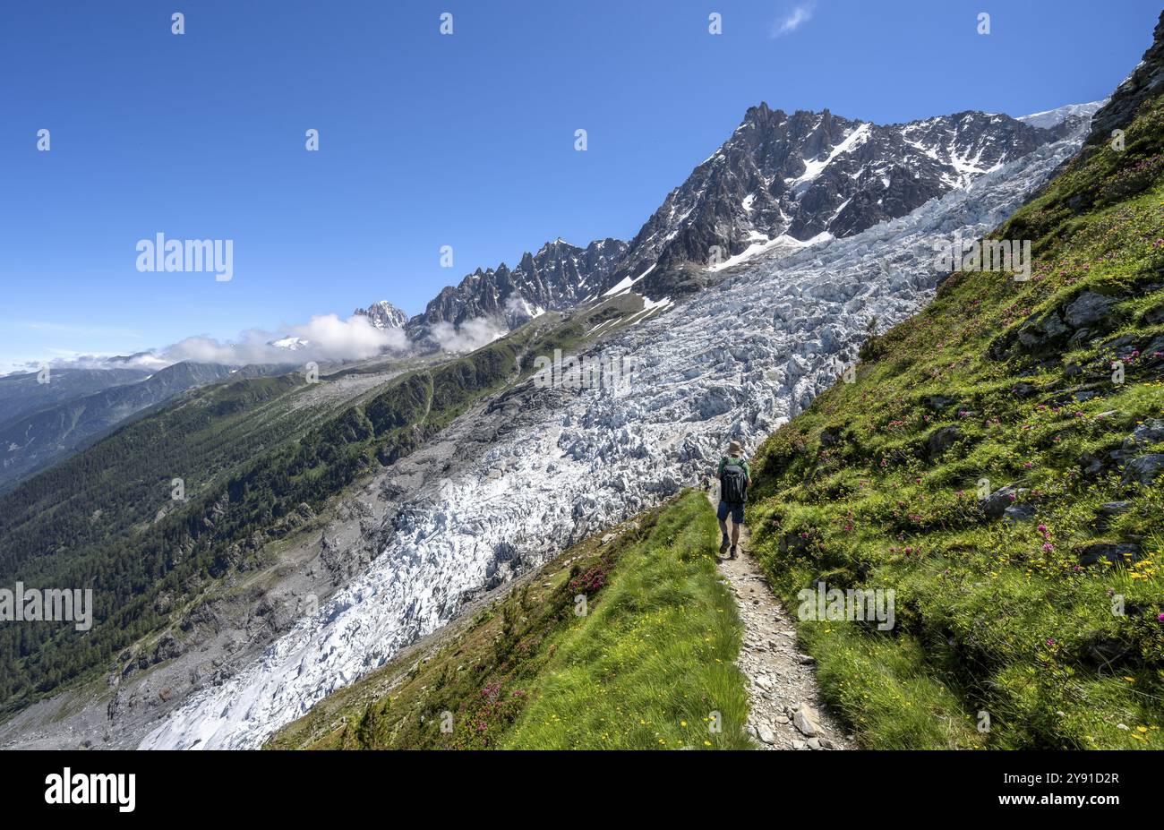 Wandern auf dem Weg nach La Jonction, Glacier des Bossons, hinter dem Gipfel der Aiguille du Midi, Chamonix, Haute-Savoie, Frankreich, Europa Stockfoto