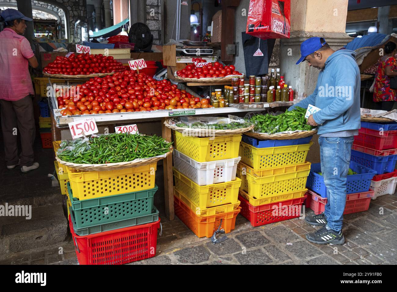 Obst- und Gemüsemarkt, Markthalle, Altstadt, Port Louis, Indischer Ozean, Insel, Mauritius, Afrika Stockfoto