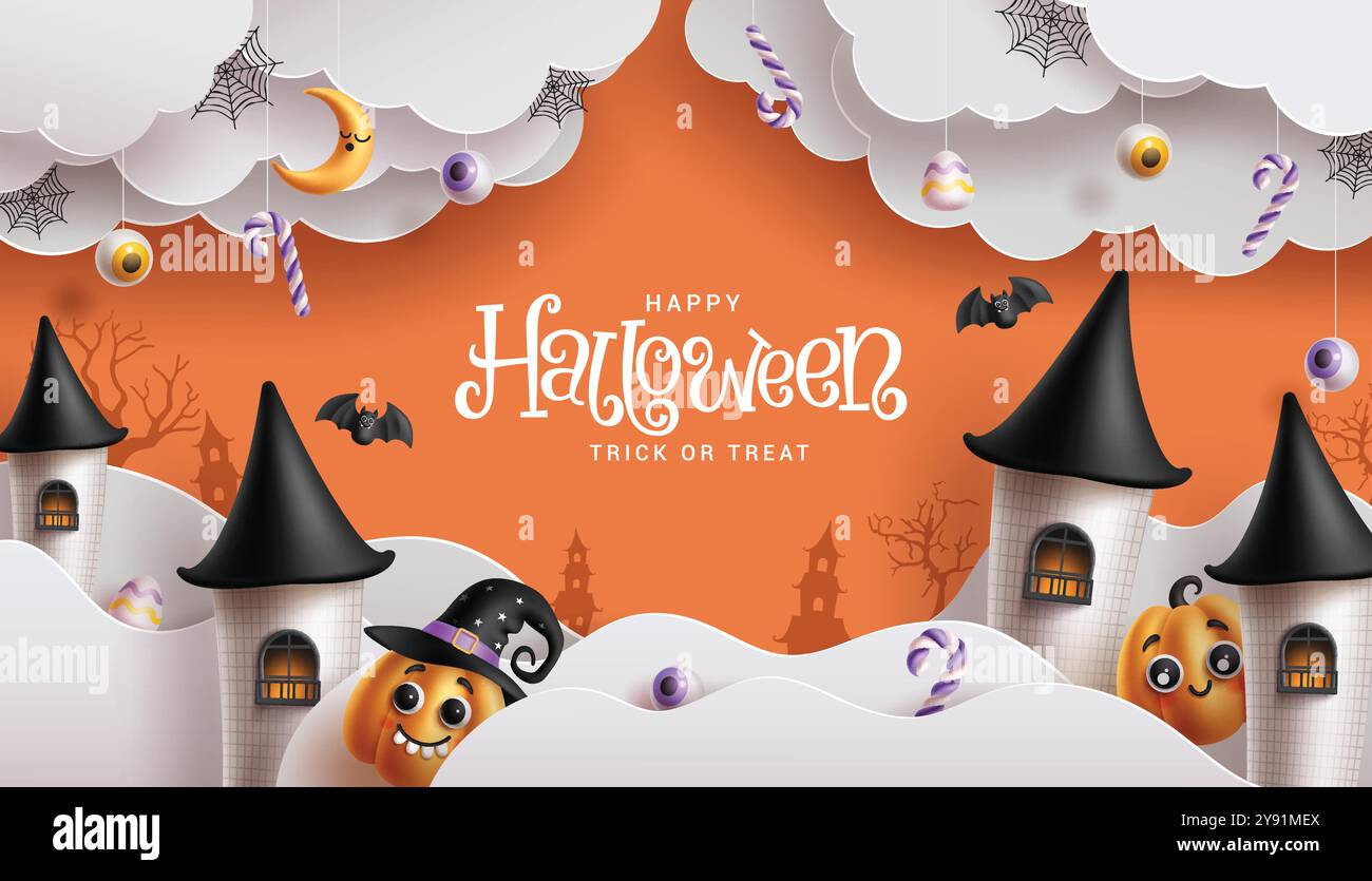 Happy halloween Gruß Text Vektor Banner Design. Halloween-Trick oder -Genuss mit Papier geschnittenen Wolken, gespenstischen Schloß, süßen Kürbissen und hängenden gruseligen Kräutern Stock Vektor