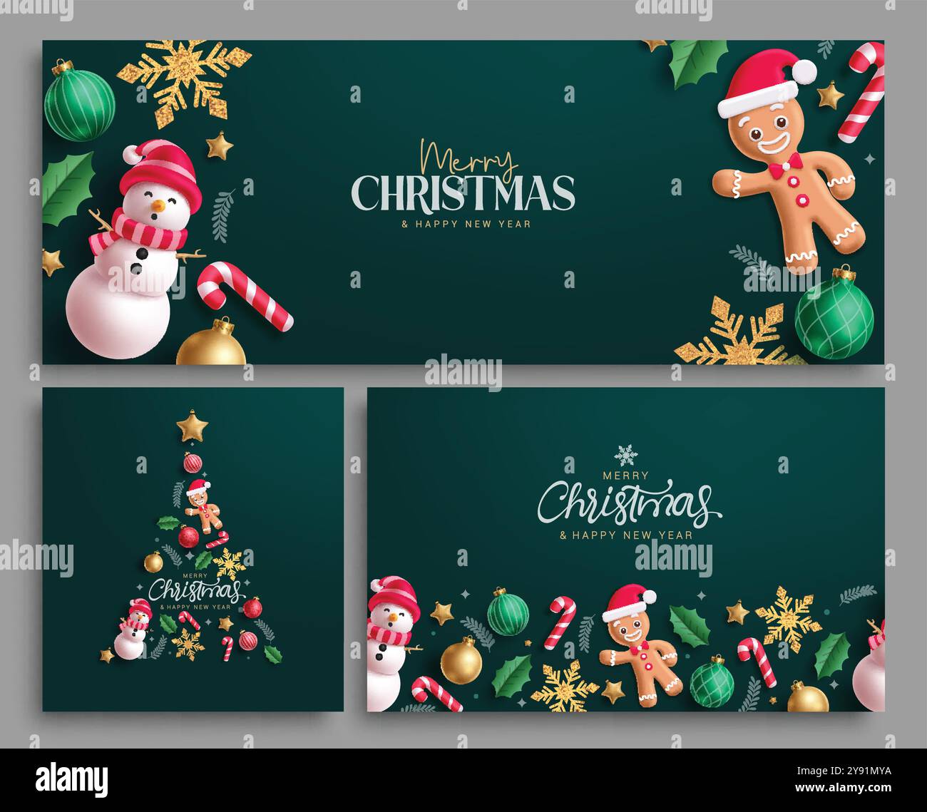 Frohe weihnachten Gruß Vektor Vorlage Set Design. Weihnachtseinladungskarten-Kollektion mit Weihnachtsfiguren, Elementen und Dekorationen Stock Vektor