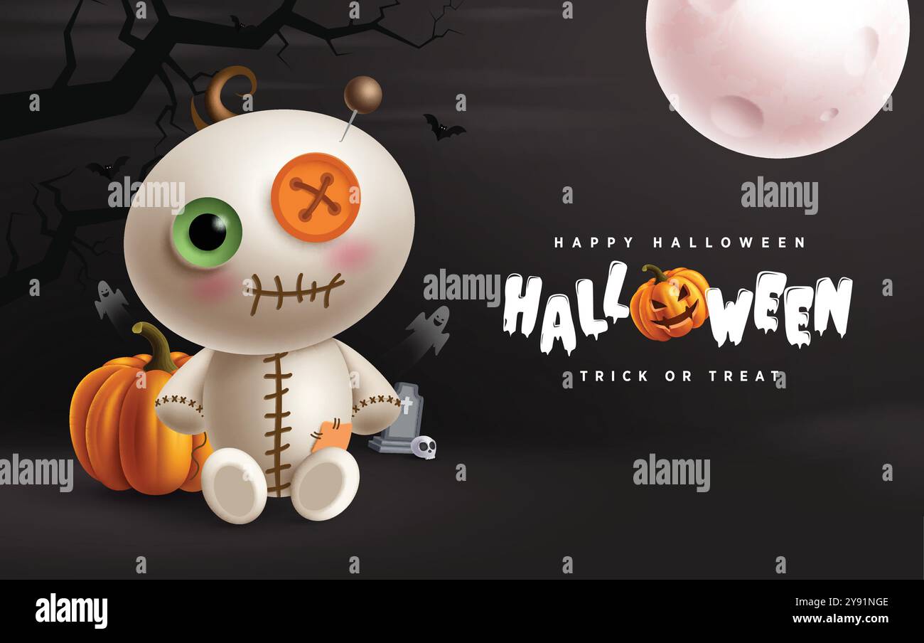 Happy halloween Gruß Text Vektor Design. Halloween Trick or Treat Grußkarte mit Mumienpuppe Stich Charakter in dunkler Nacht Vollmond Stock Vektor