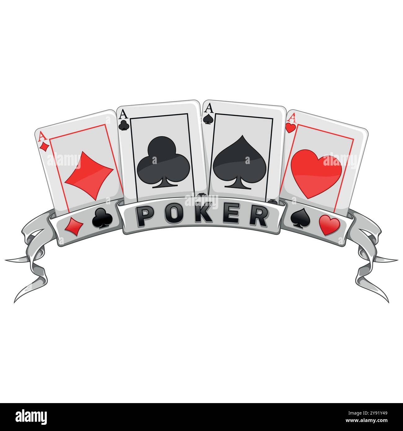 Pokerkarten, umgeben von einem Band, Pokersymbole von Herz, Diamant, Verein und Ass Stock Vektor