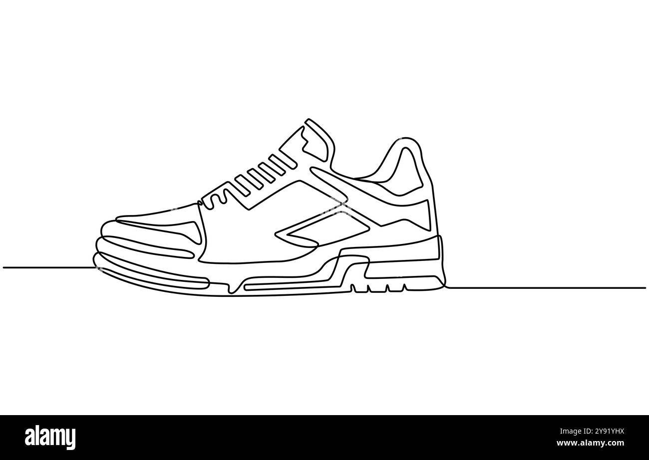 Sport Sneaker Schuhe im durchgehenden Stil mit Liniengrafik, Sneakers sind mit einer Linie gezeichnet. Sportschuhe im linearen Stil. Durchgehend eine Linie Stock Vektor