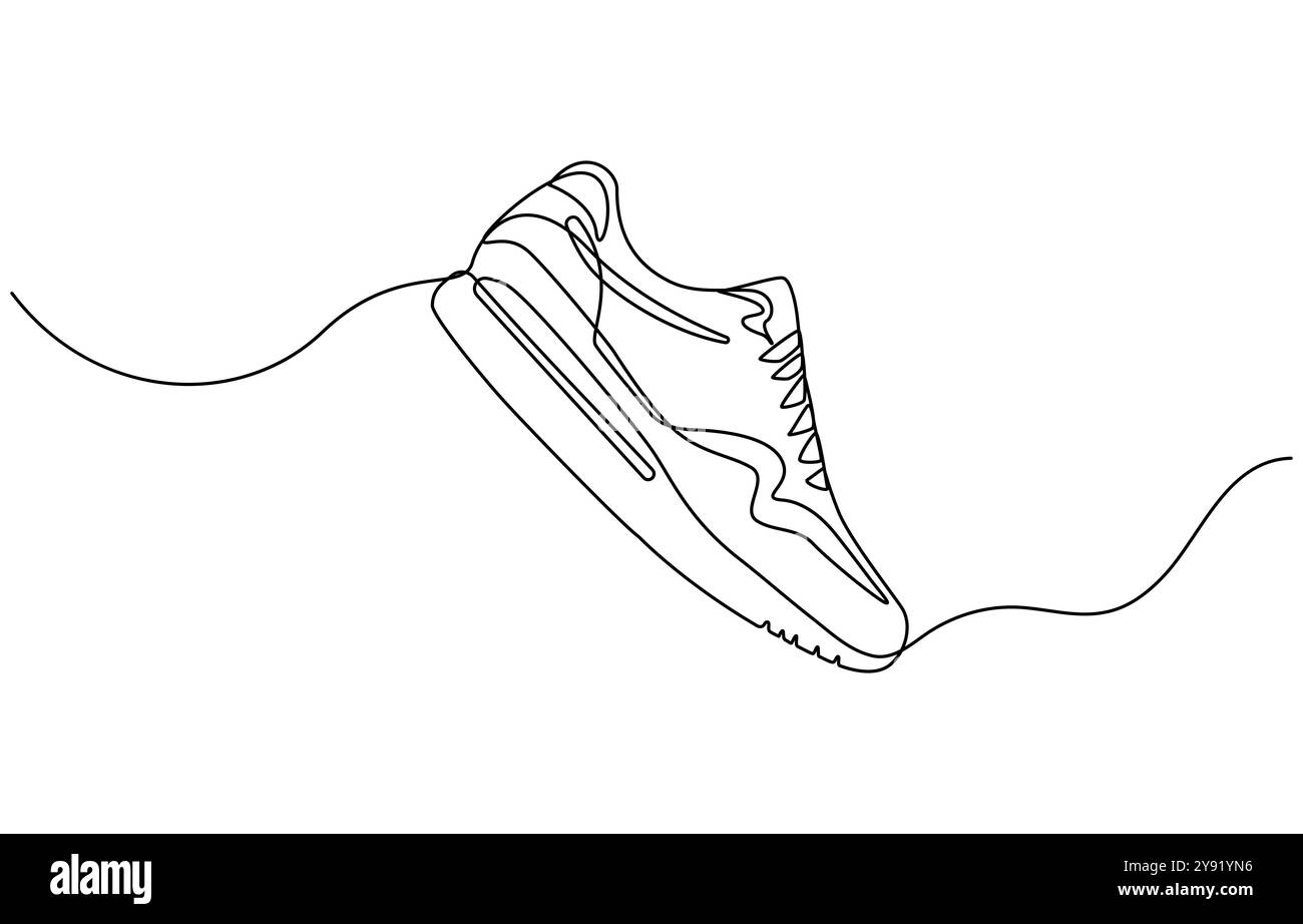 Sport Sneaker Schuhe im durchgehenden Stil mit Liniengrafik, Sneakers sind mit einer Linie gezeichnet. Sportschuhe im linearen Stil. Durchgehend eine Linie Stock Vektor