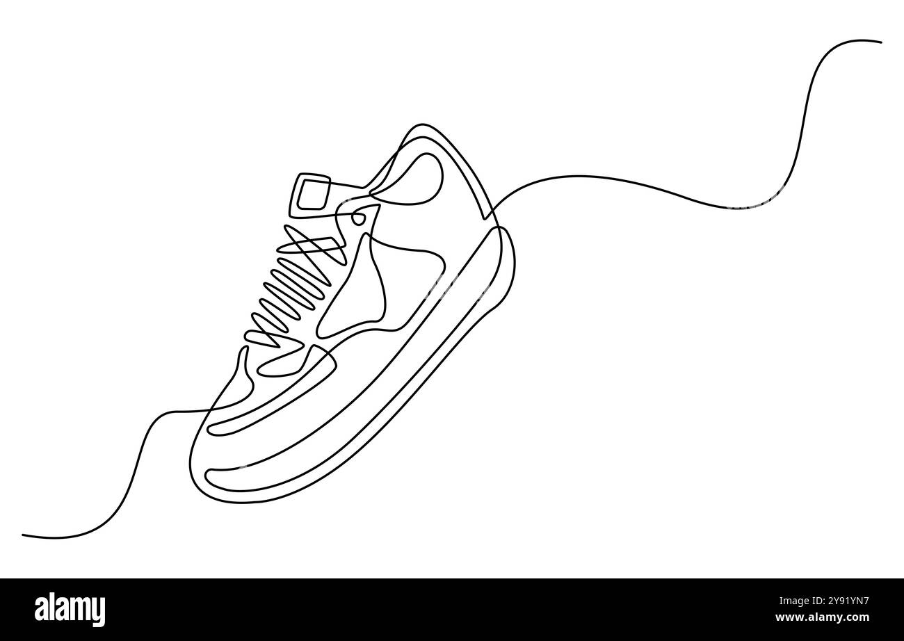 Sport Sneaker Schuhe im durchgehenden Stil mit Liniengrafik, Sneakers sind mit einer Linie gezeichnet. Sportschuhe im linearen Stil. Durchgehend eine Linie Stock Vektor
