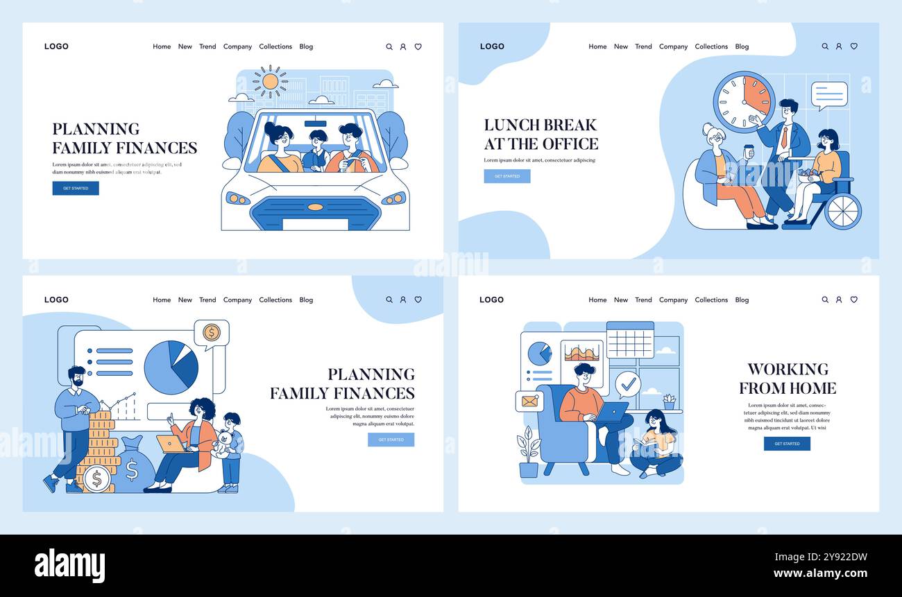 Set für den Alltag. Finanzplanung für Familien, Mittagspause im Büro, Haushaltsverwaltung, Herausforderungen bei der Telearbeit. Häusliche und berufliche Tätigkeiten. Vektorabbildung. Stock Vektor