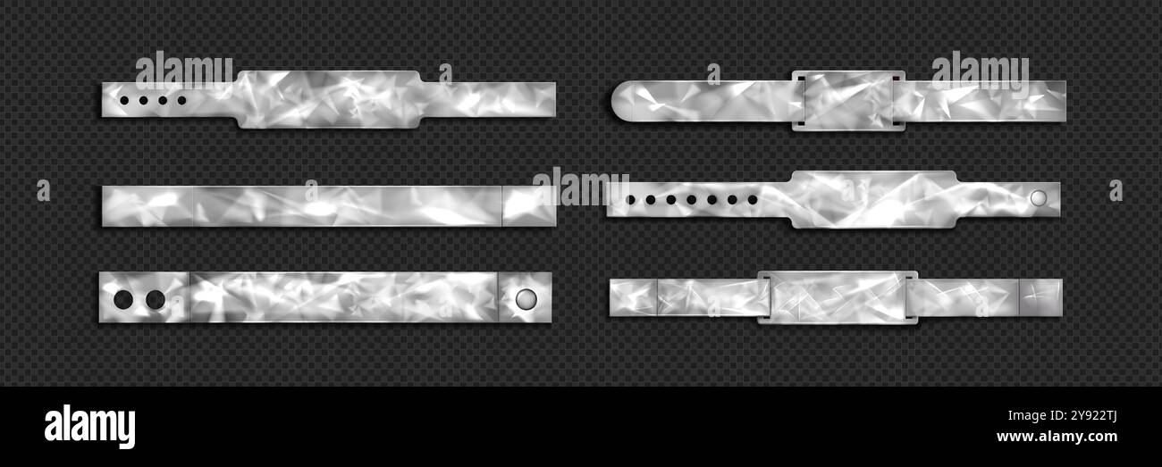 Holografisches Festival- oder Konzertarmband-Ticket-Modell. Realistische 3D-Vektor-Illustration Set von tyvek oder Kunststoff Hologramm Handarmband Vorlage für Ereigniseingangsidentifikation und Eintritt. Stock Vektor