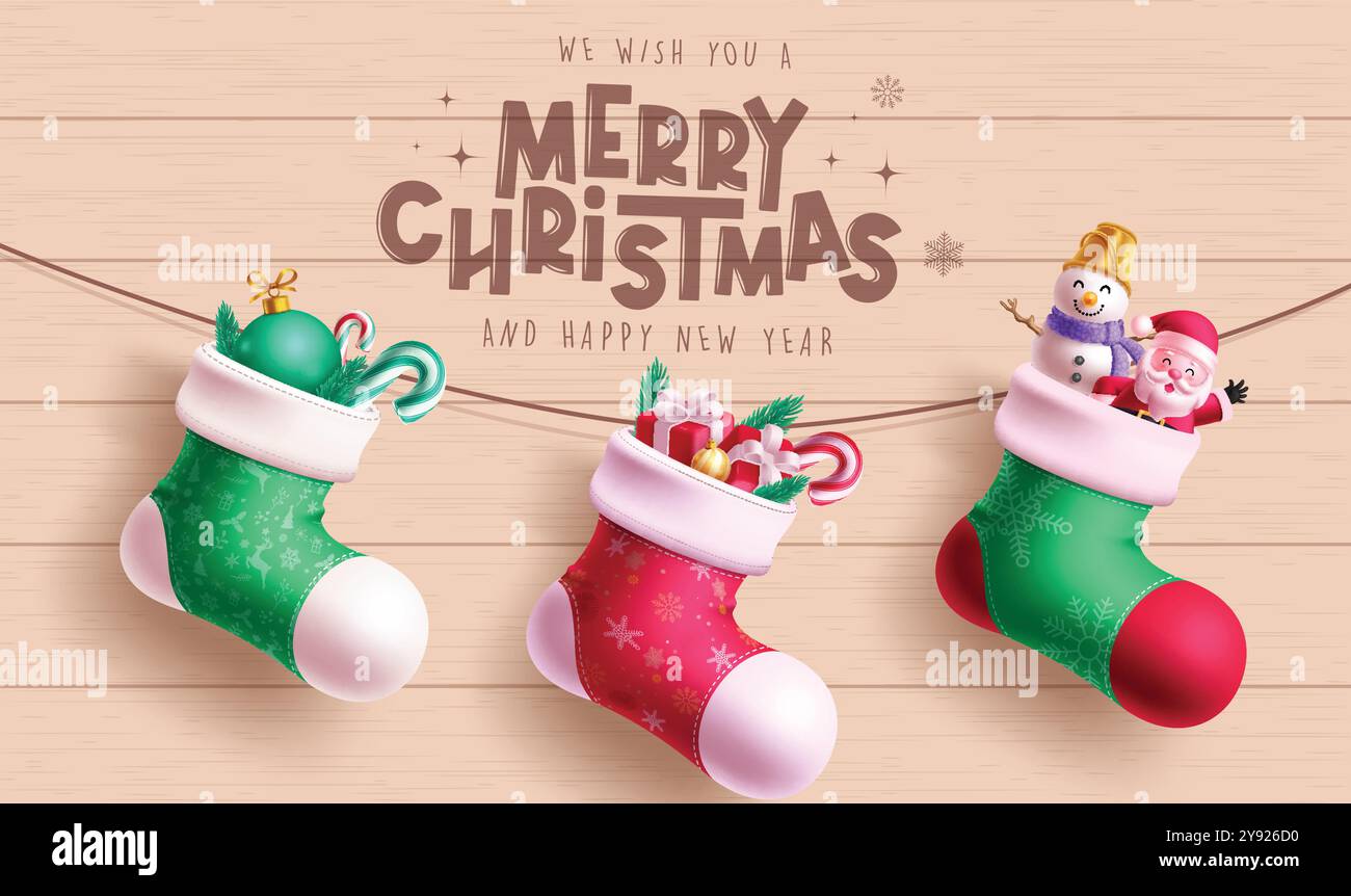 Frohe weihnachten Grußkarte Vektor-Design. weihnachtssocken hängen mit Geschenkbox, Zuckerrohr, Ball, Schneemann und weihnachtsmann-Dekorationselement Stock Vektor