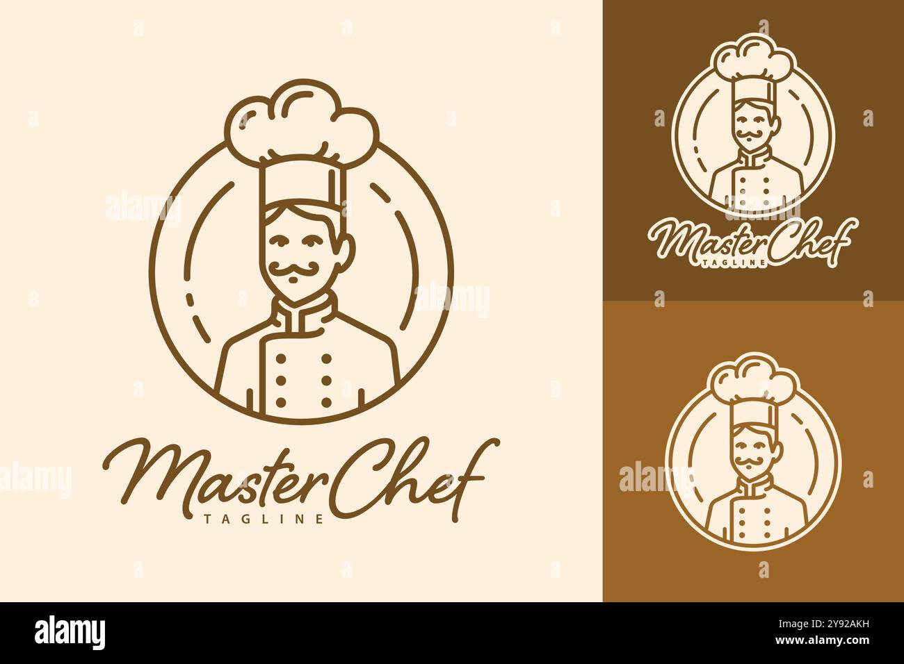Ein braunes Kunstlogo mit einem Koch, der einen Hut im Kreis trägt, mit dem Text „Master Chef“ unten. Stock Vektor