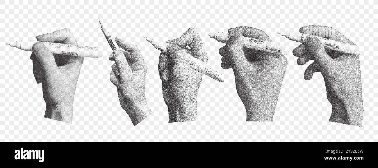 Trendige Fotokopie Collage Hände halten Marker. Halbtonstippeleffekt. Y2K Collage-Design Stock Vektor