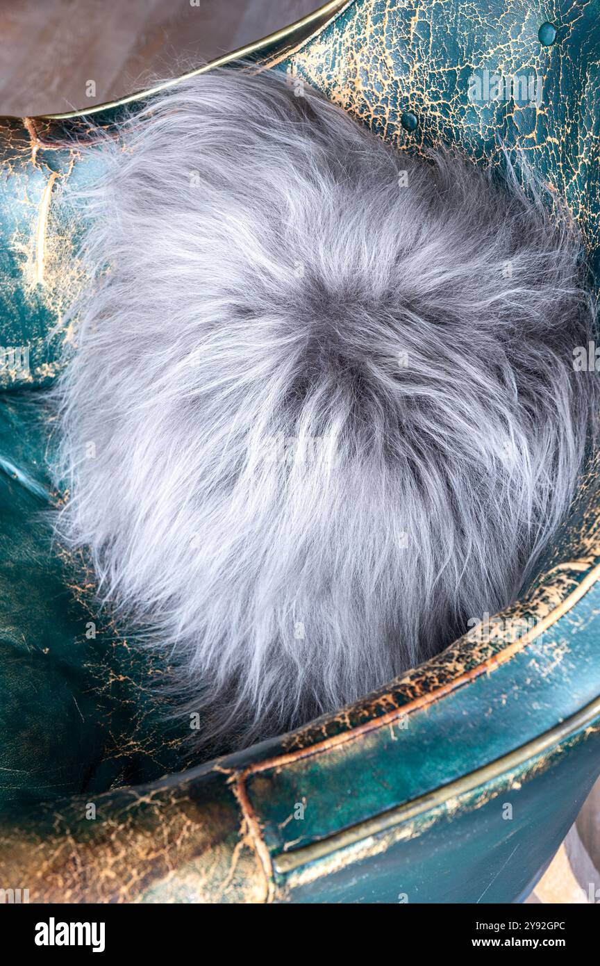 Weiches Lammfellkissen von Wildash, luxuriöse Wohnmöbel auf Vintage-Sessel, London. Stockfoto