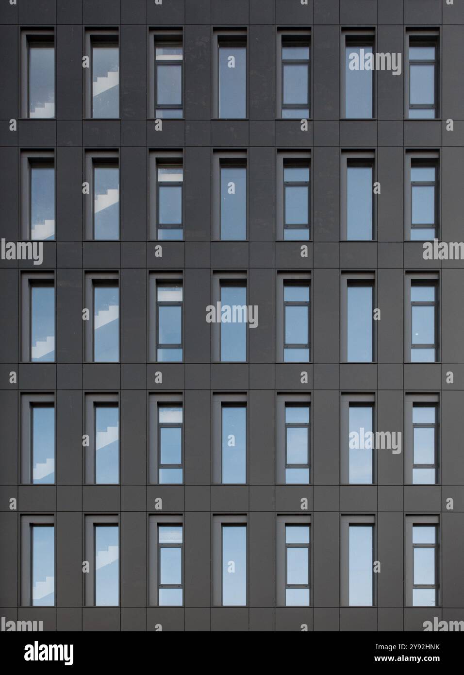 Fassade des modernen Bürogebäudes. Zweidimensionales Bild eines fünfstöckigen Gebäudes mit grauen Wänden und engen, hohen Fenstern. Stockfoto