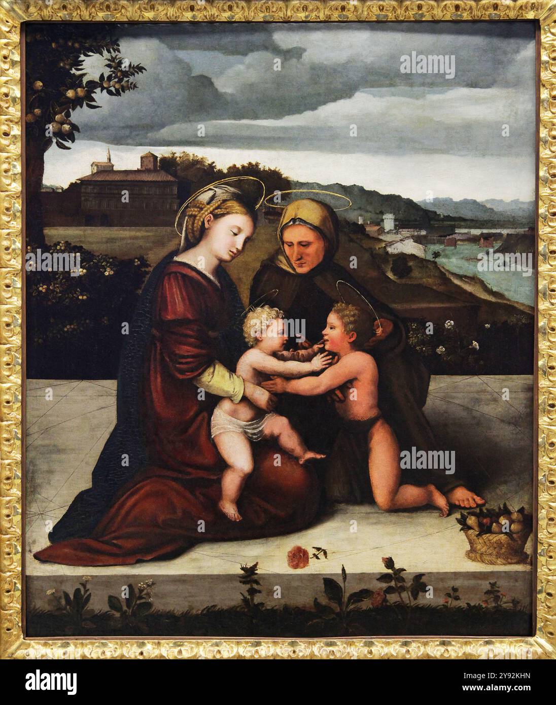 Gemälde der Jungfrau, der heiligen elisabeth, des Kindes jesu und des heiligen johannes des täufers aus dem 16. Jahrhundert. La Virgin santa Isabel, el Nino y san Juan Bautista. Stockfoto