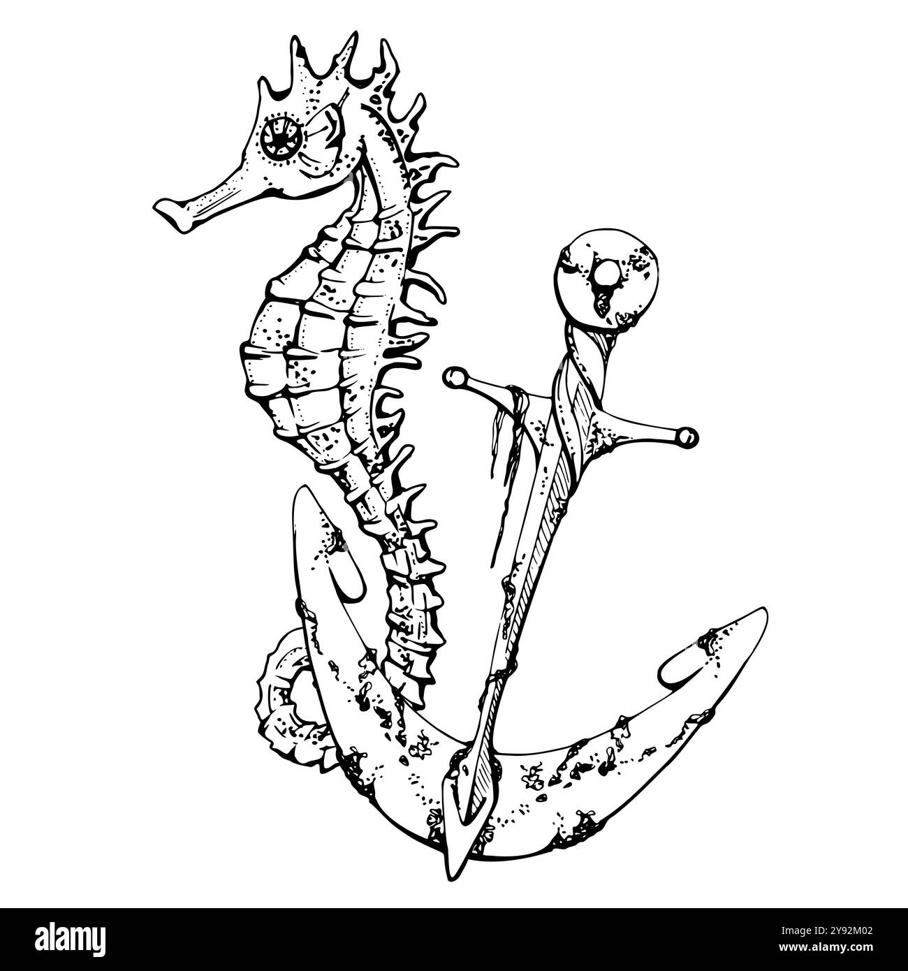 Seepferd mit Anker, Meereslebewesen, Meeresmeer Unterwasserwesen Tier, Tinte und Stift handgezeichnet. Darstellung der Komposition, stilisiert, isoliert Stock Vektor