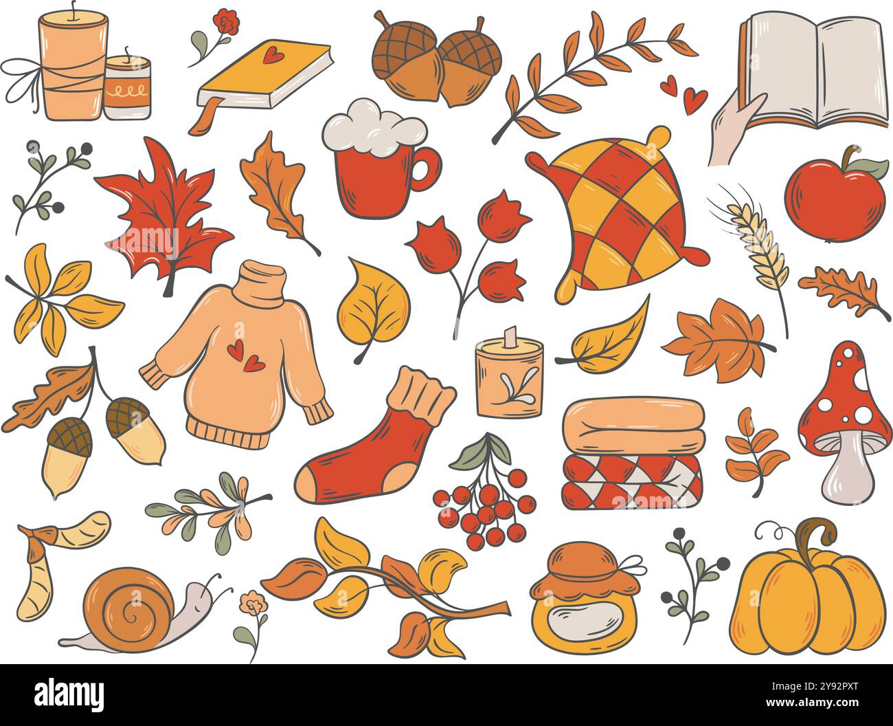 Farbenfrohe handgezeichnete Elemente und Symbole für den Herbst. Gemütliche Dinge der Saison Herbst - Buch, Heißgetränk, Kissen, Karo, Eichel, Kürbis, Pullover, rowan Stock Vektor