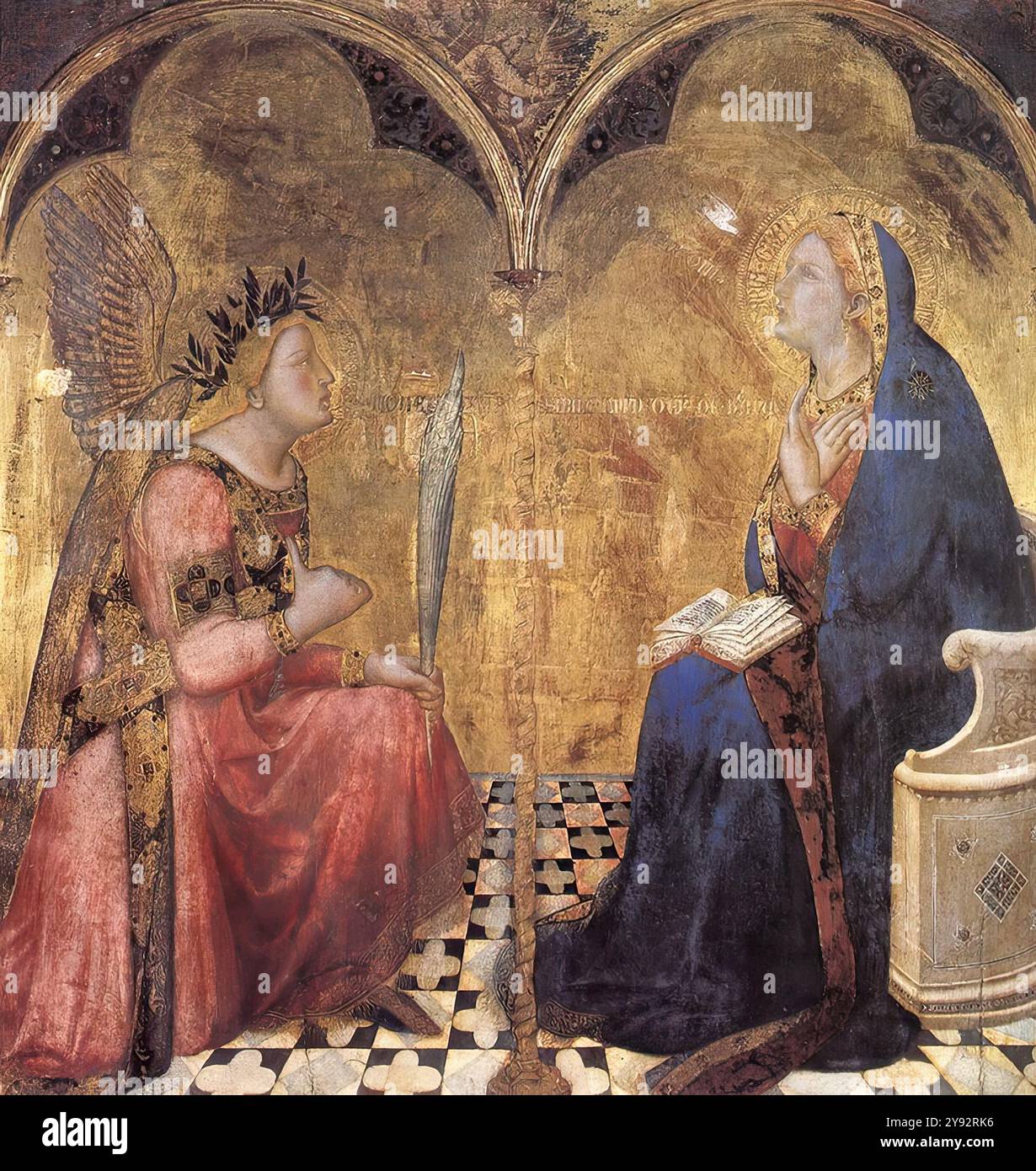 LORENZETTI, Ambrogio (* ca. 1290, Siena, d. 1348, Siena) Verkündigung 1344 Tempera auf Holz, 127 x 120 cm Pinacoteca Nazionale, Siena das signierte und datierte Gemälde wurde 1344 für den Stadtrat von Siena ausgeführt. --- Schlüsselwörter: ----------------- Autor: LORENZETTI, Ambrogio Titel: Verkündigung Zeitlinie: 1301-1350 Schule: Italienisch Form: Malerei Art: Religiös Stockfoto